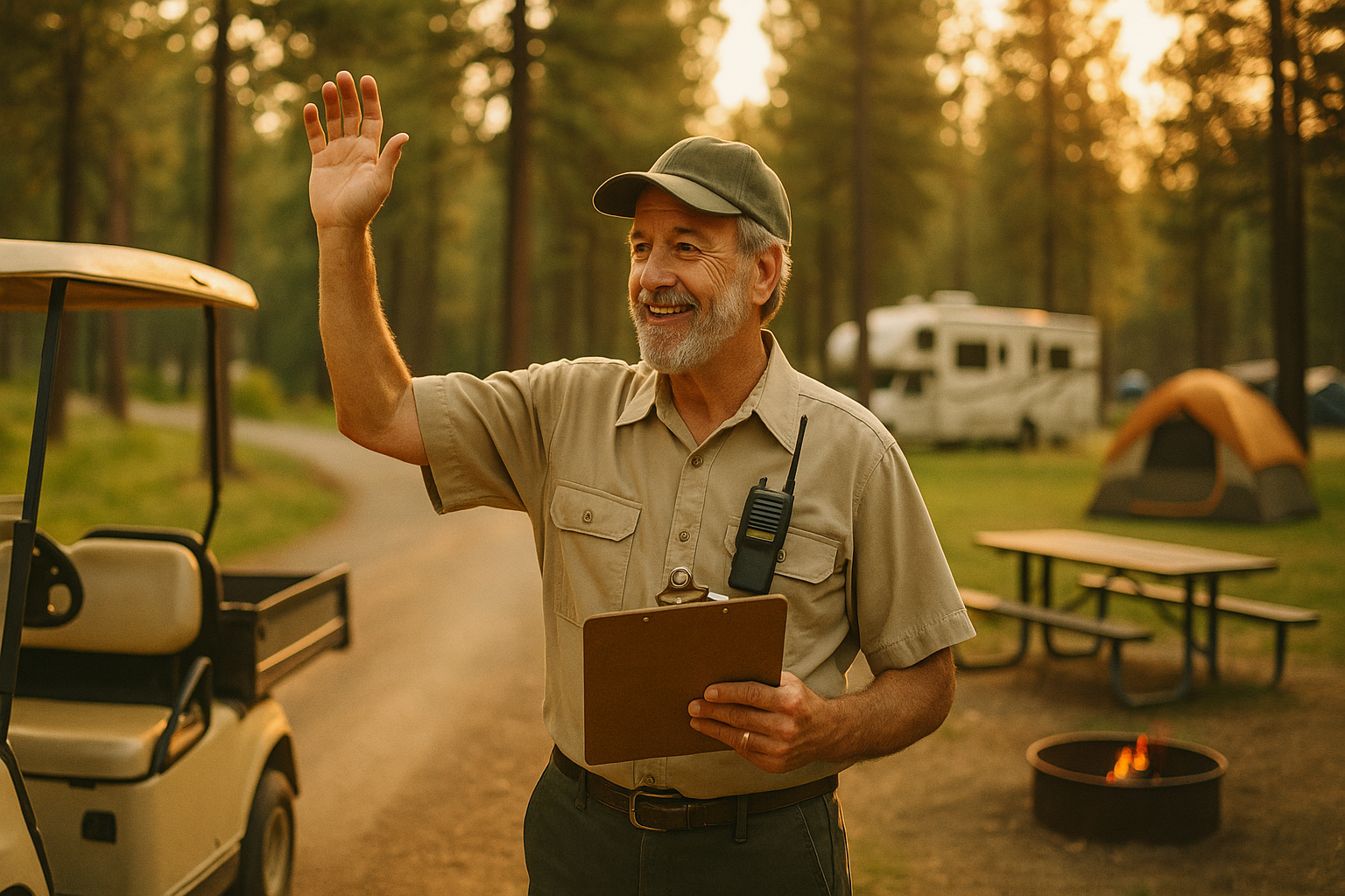 Camp host checking a restroom building